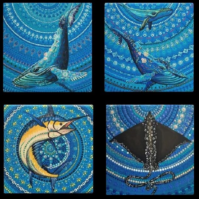 Set of four ceramic cork backed coasters eagle ray, wahoo, whales