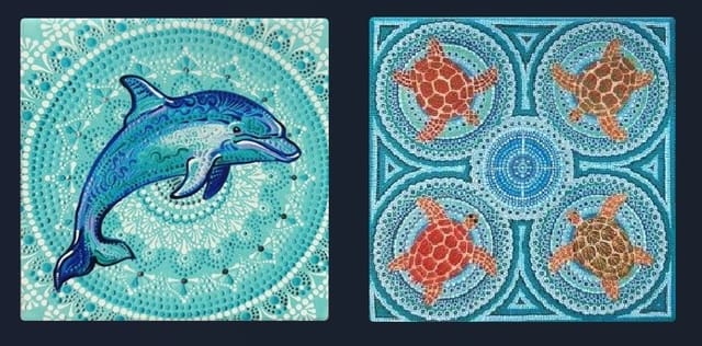 Ceramic cork backed coasters set of two: dolphin and turtles